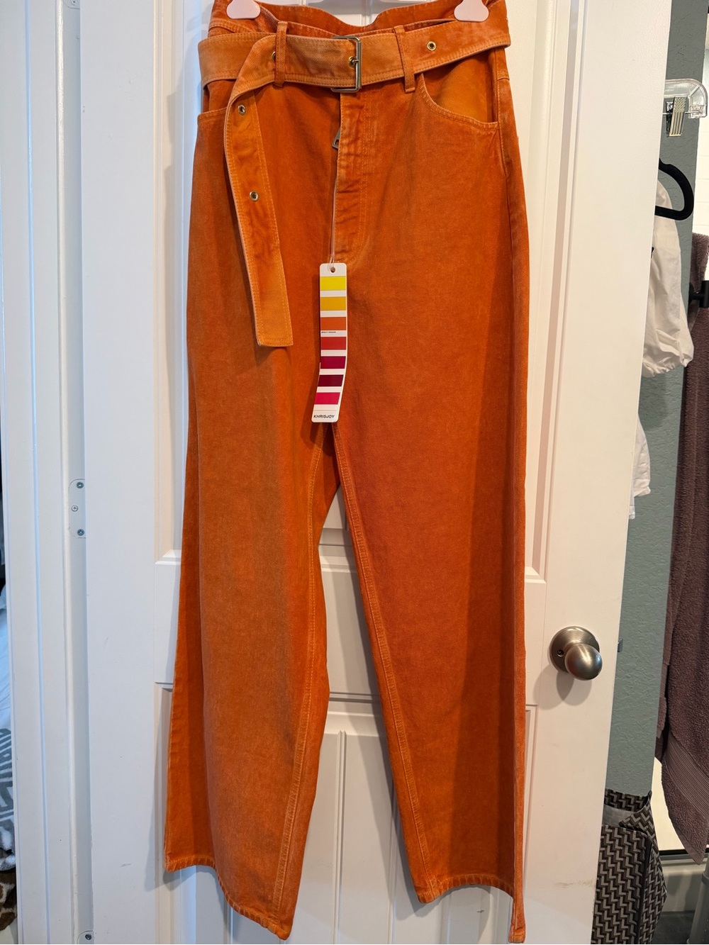 KHRISJOY NWT Brick Orange Belted Wide Leg Denim Pants Size 01